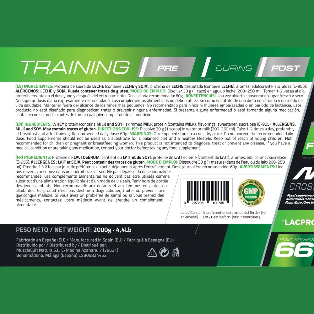 Pack proteína whey creatina, ingredientes y información nutricional de 2kg de proteína en la etiqueta.