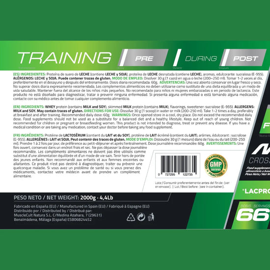Pack proteína whey creatina, ingredientes y información nutricional de 2kg de proteína en la etiqueta.
