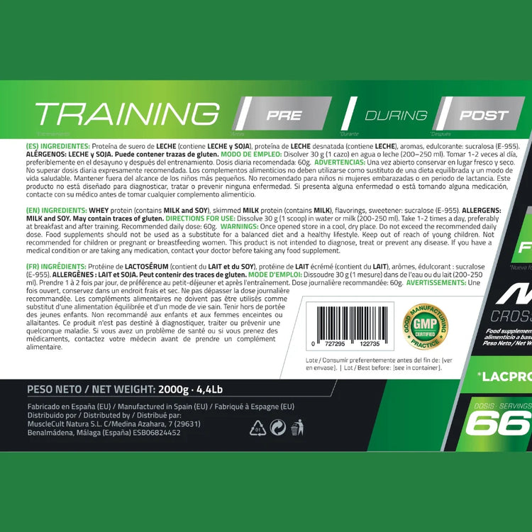 Pack proteína whey creatina, ingredientes y información nutricional de 2kg de proteína en la etiqueta.