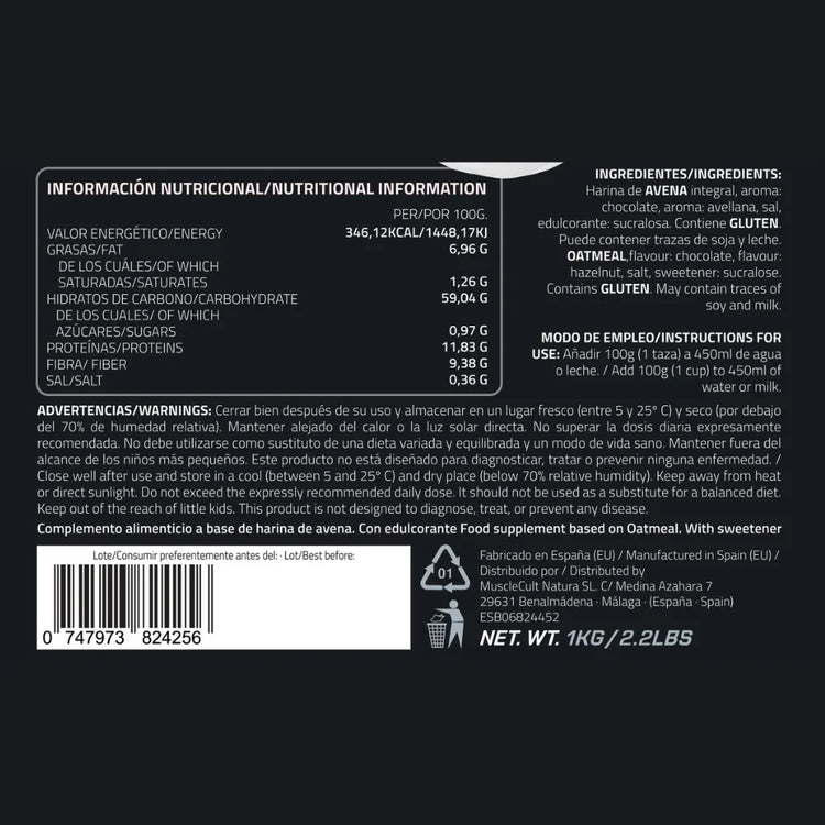 Información nutricional de Avena 1kg del pack proteína whey creatina de AresLabs.