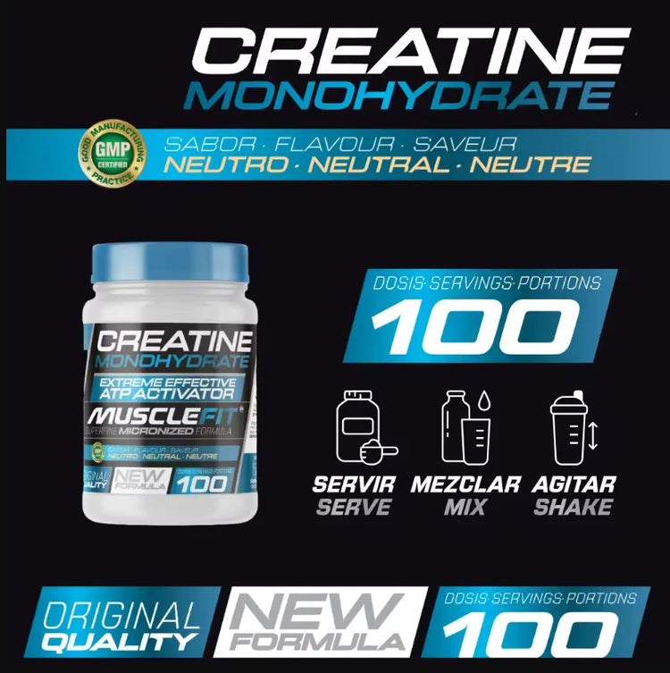 Creatine Monohydrate de Muscletime, con 100 porciones, ideal para mejorar el rendimiento físico.